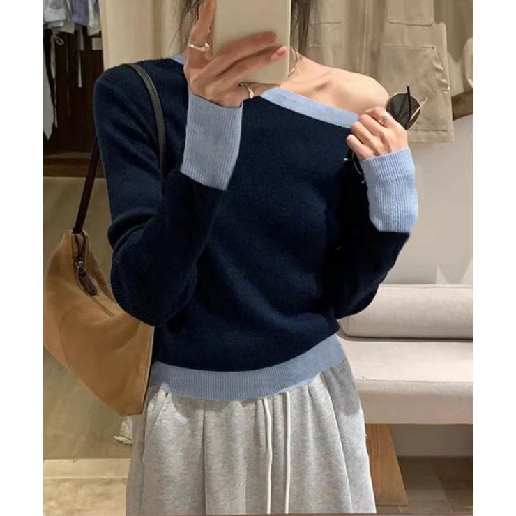 配色ワンショルダーリブニットトップス長袖 | Miniministore | 詳細画像3 