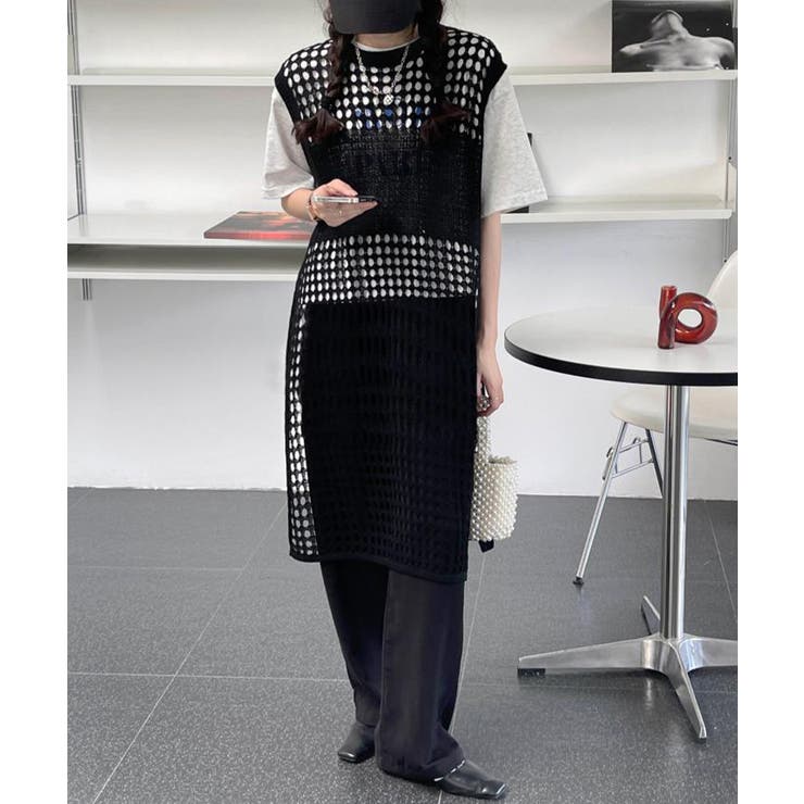 未使用タグ付き　M&KYOKO 佐藤繊維　透かし編みロングジレ　フリー 楽天市場】透かし編み フリンジロングベスト ベスト レディース