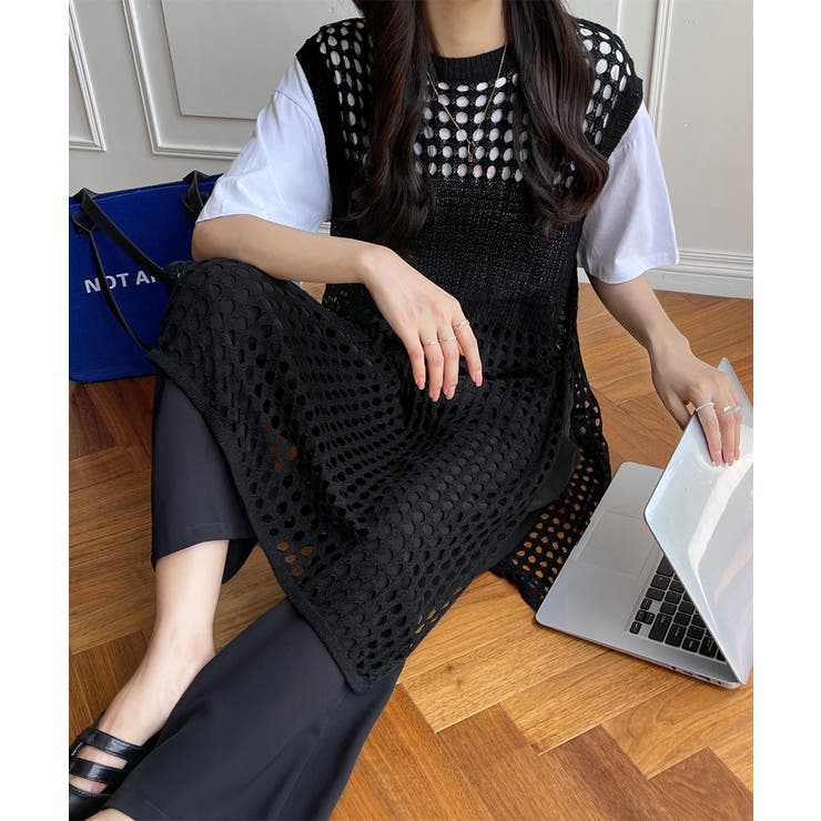 未使用タグ付き　M&KYOKO 佐藤繊維　透かし編みロングジレ　フリー 透かし編みロングベストサイドスリット夏服[品番：II000012778