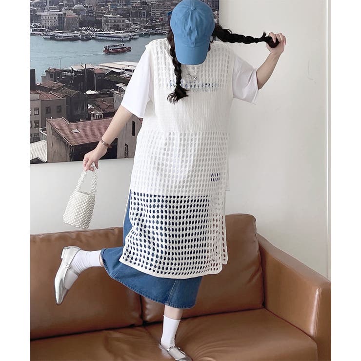 新品　春夏　チュニック　ロングジレ　M　 オーガンジー透かしプリント spdfng016_5.jpg