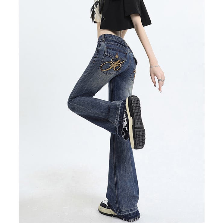 インディゴブルー | ロゴ刺しゅうフレアデニムパンツレディース | Miniministore