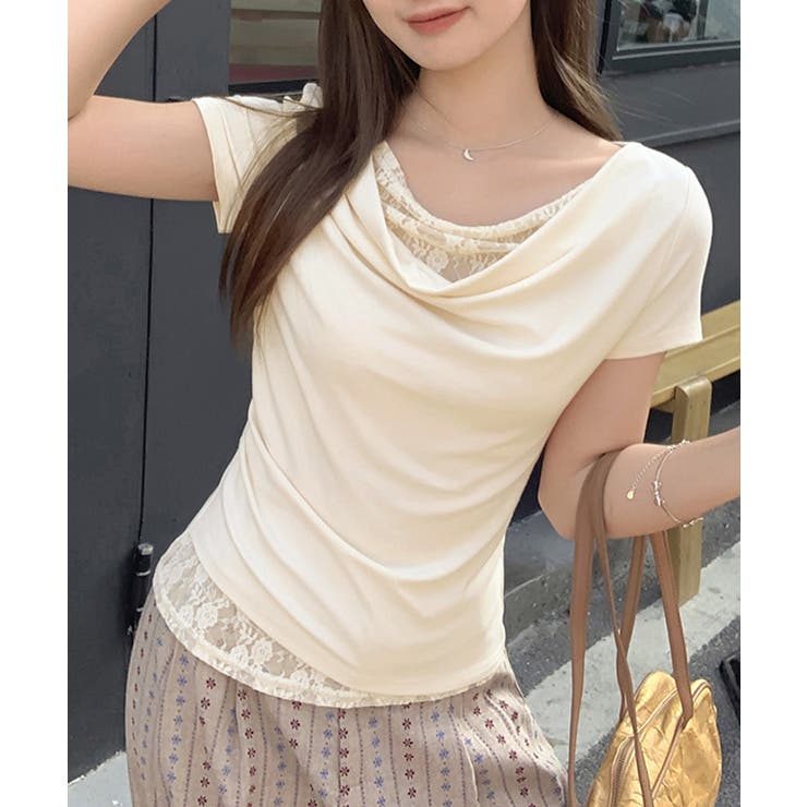 アイボリー | レースドッキングオフショルTシャツ 半袖 | Miniministore