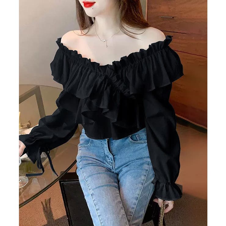 ブラック | フリルブラウス オフショルブラウス 長袖 | Miniministore