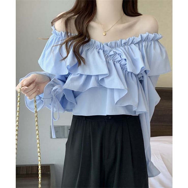 ブルー | フリルブラウス オフショルブラウス 長袖 | Miniministore