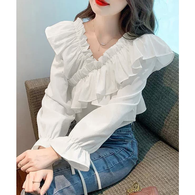 ホワイト | フリルブラウス オフショルブラウス 長袖 | Miniministore