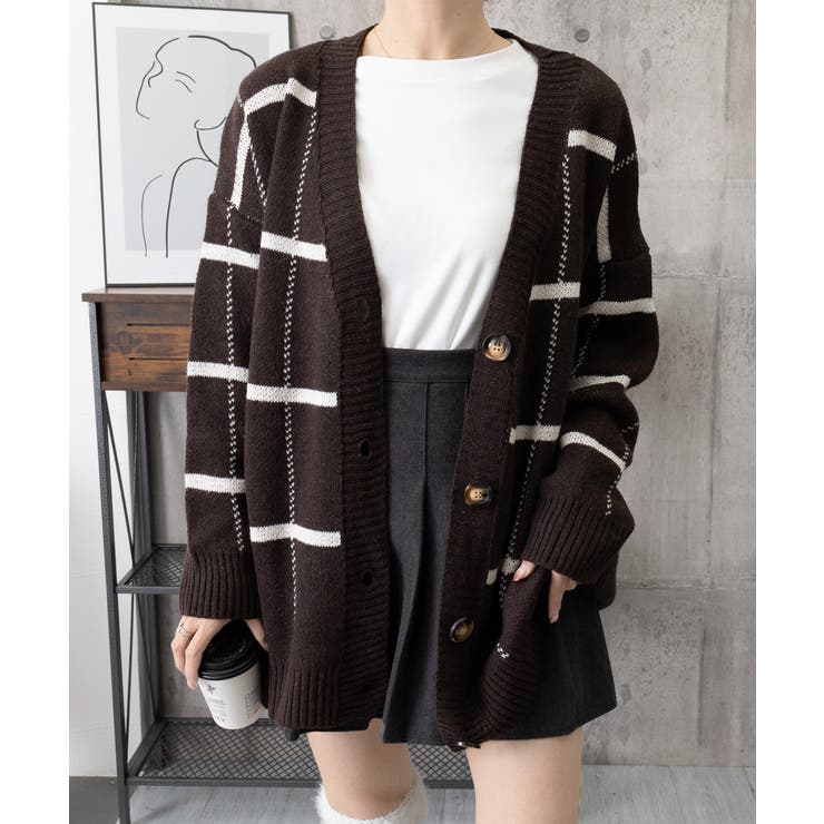 ニットカーディガン BIGチェック柄秋冬[品番：II000007748