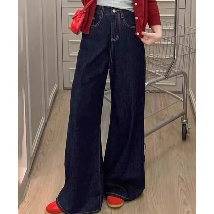 ネイビー | ワイドデニムパンツ 裏起毛 レディース冬 | Miniministore