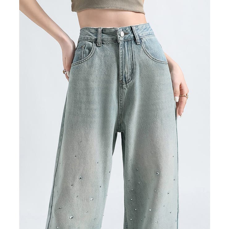サックスブルー | ラインストーン デニムパンツ レディース | Miniministore