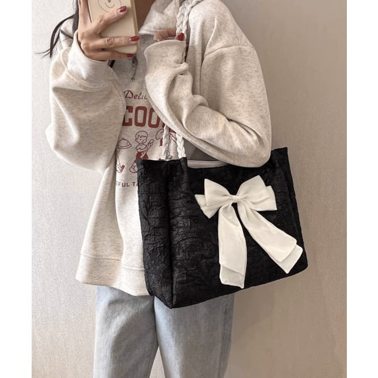 ブラック | ビッグリボントートバッグ 肩掛け 軽量鞄 | SUNSHINE CLOSET