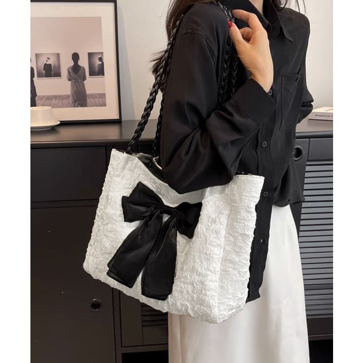 ホワイト | ビッグリボントートバッグ 肩掛け 軽量鞄 | SUNSHINE CLOSET