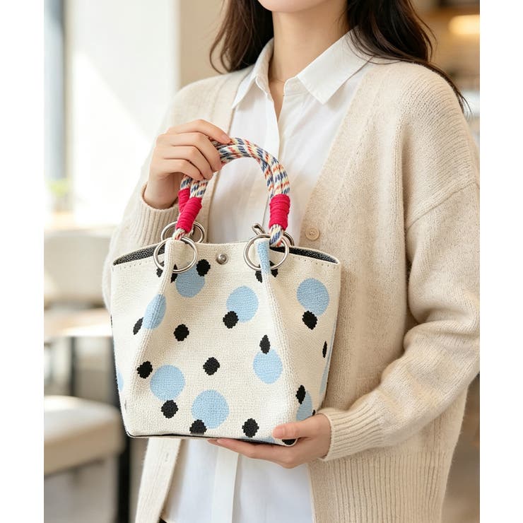 オフホワイト | 小さめハンドバッグ 大人可愛いバケツバッグ 水玉柄ニットトート | SUNSHINE CLOSET