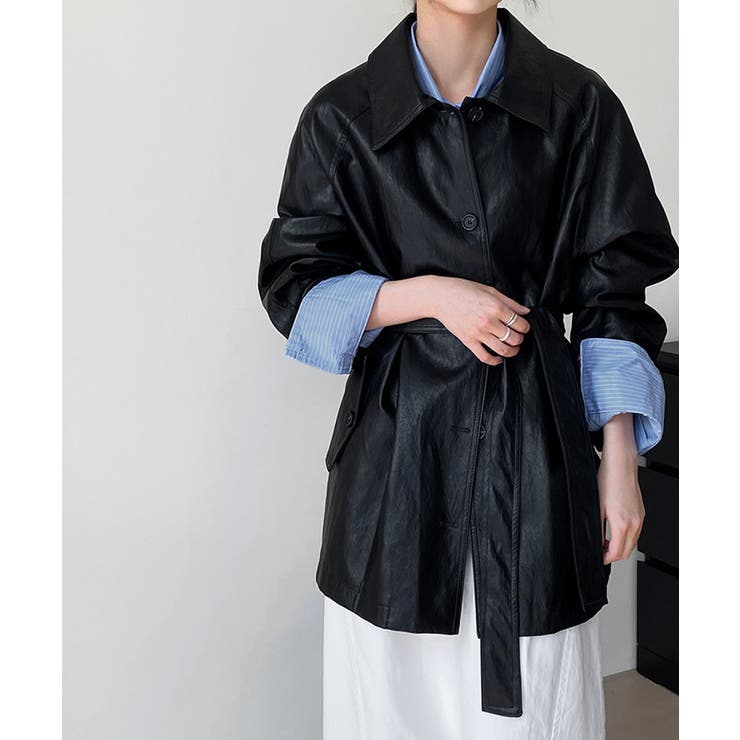 ブラック | エコレザーロングジャケット韓国風アウター | SUNSHINE CLOSET