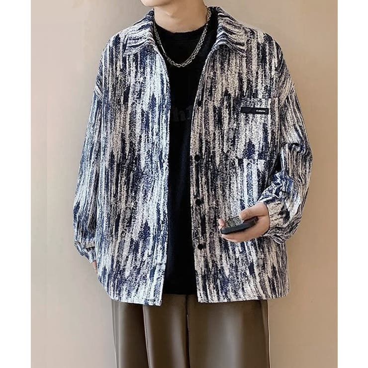 ネイビー | メンズ総柄シャツジャケットオーバーサイズ | AsaAura
