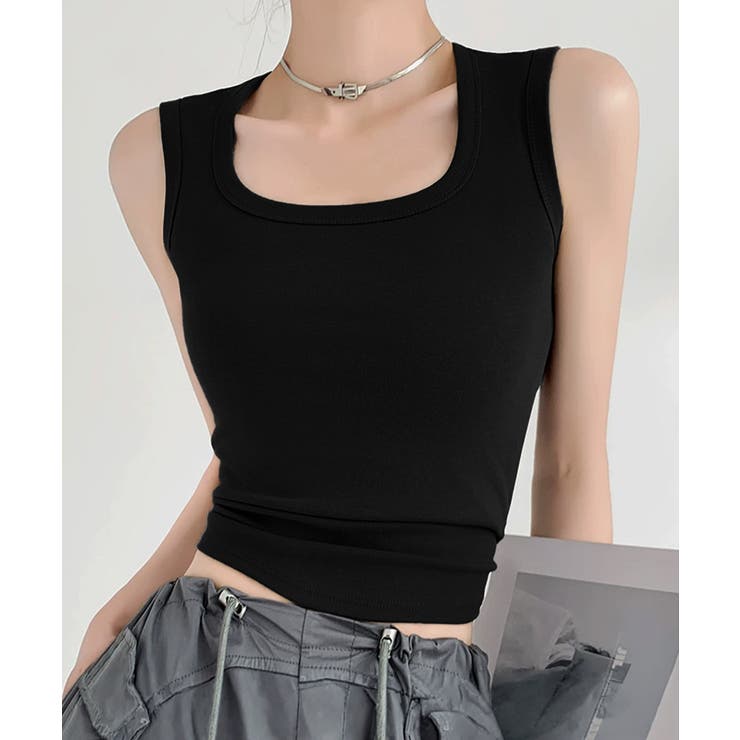 ブラック | カップ付きリブタンクトップスクエアネック | Miniministore