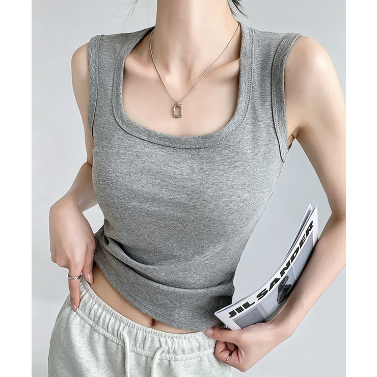 グレー | カップ付きリブタンクトップスクエアネック | Miniministore