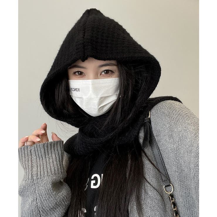 ブラック | フード付きニットマフラー韓国風バラクラバ | Miniministore