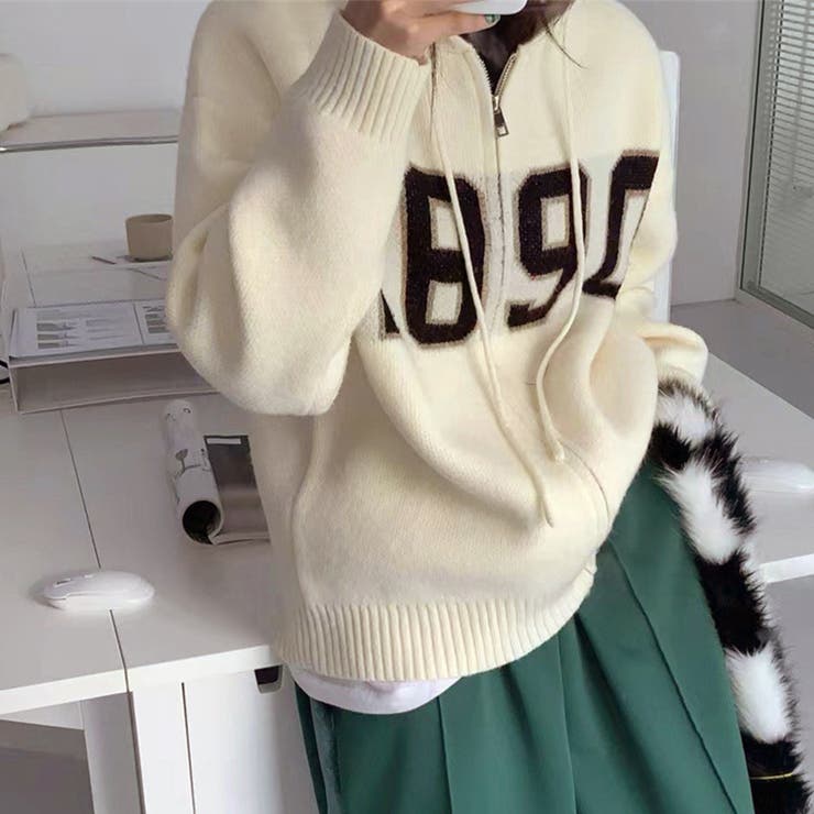 アイボリー | フード付き ニットカーディガン 秋冬服 | Miniministore