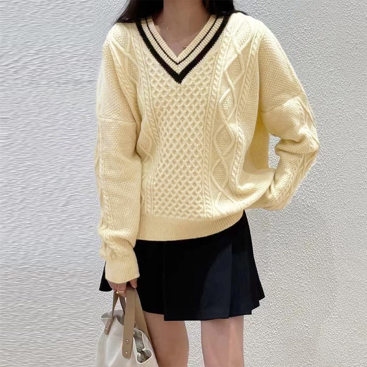 ベージュ | ライン入りケーブルニットトップス 韓国風 | Miniministore