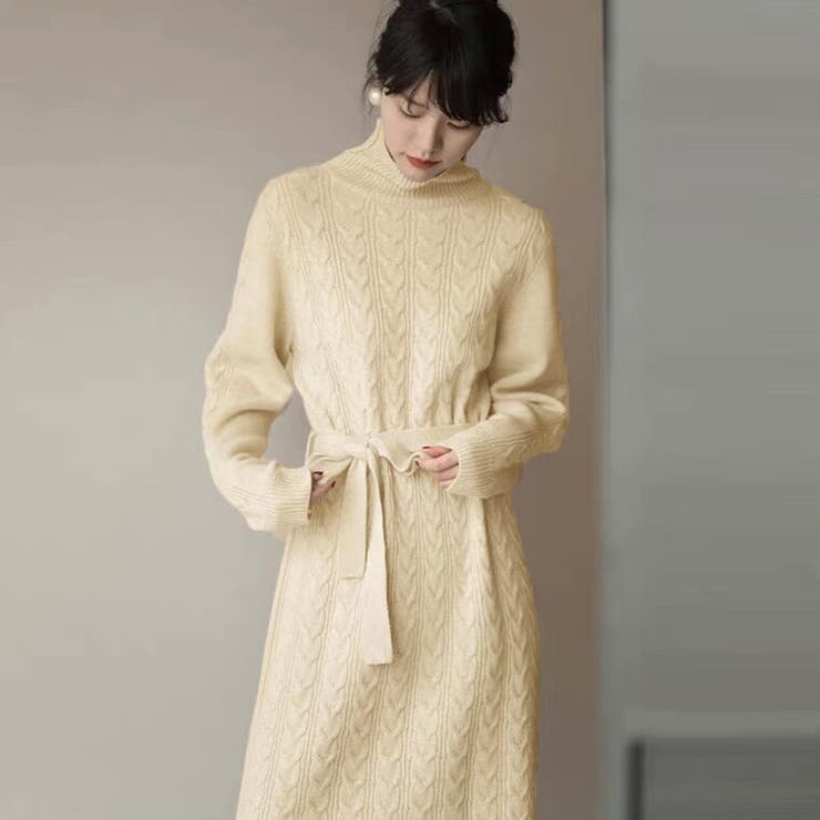 ベージュ | ケーブル編みニットワンピース 韓国 秋冬 | Miniministore