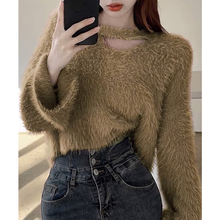 ブラウン | クロップド丈シャギーニット Vネック長袖 | Miniministore