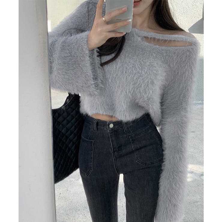 グレー | クロップド丈シャギーニット Vネック長袖 | Miniministore