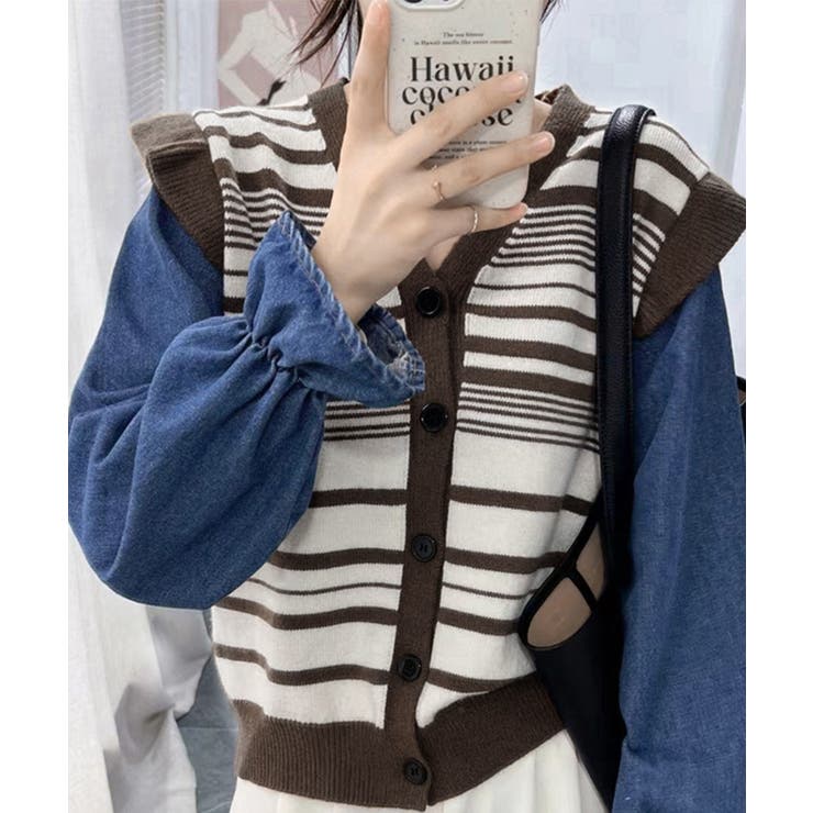 ダークブラウン | ドッキングニット ボーダーニットトップス | Miniministore