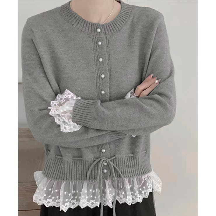 グレー | レース切り替えニットカーディガン長袖秋冬 | SUNSHINE CLOSET