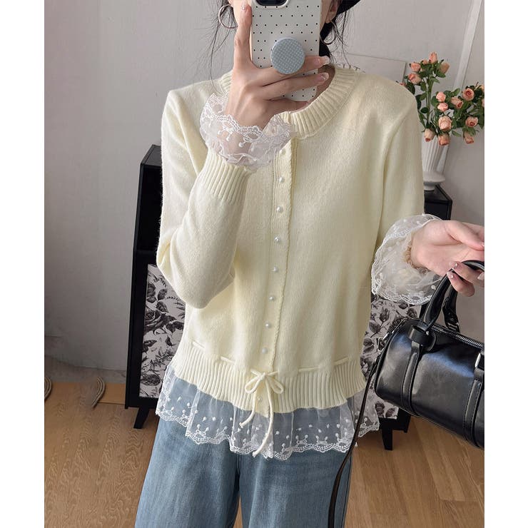 アイボリー | レース切り替えニットカーディガン長袖秋冬 | SUNSHINE CLOSET