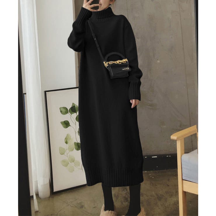 ブラック | ハイネックニットワンピースゆったり秋冬服 | SUNSHINE CLOSET