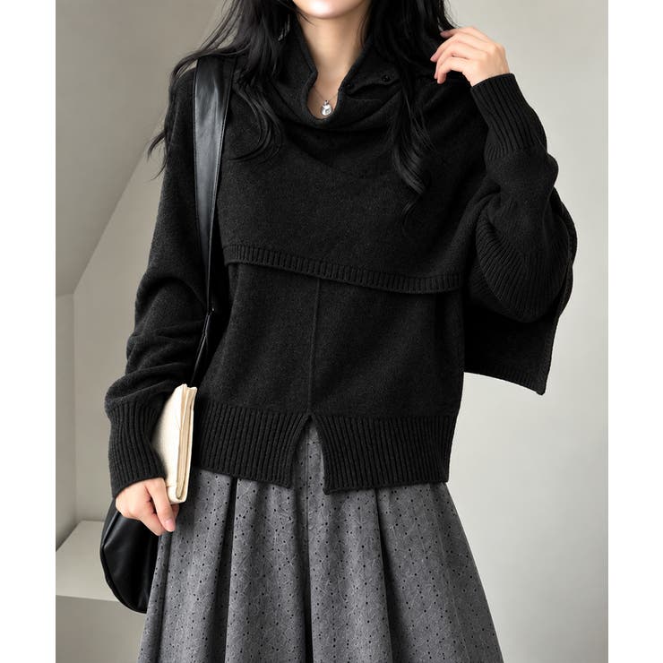ブラック | ハイネックケープニットトップス2点セット | Miniministore
