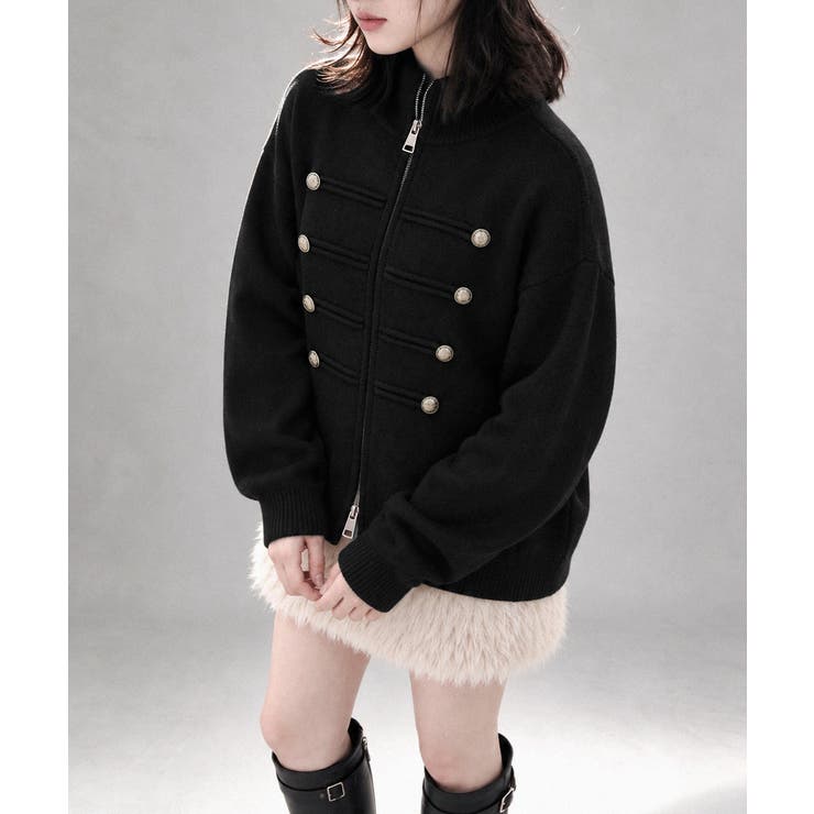 ブラック | ダブルジップニットカーディガン長袖ニットアウターメタルボタン ゆったり無地トップ… | SUNSHINE CLOSET