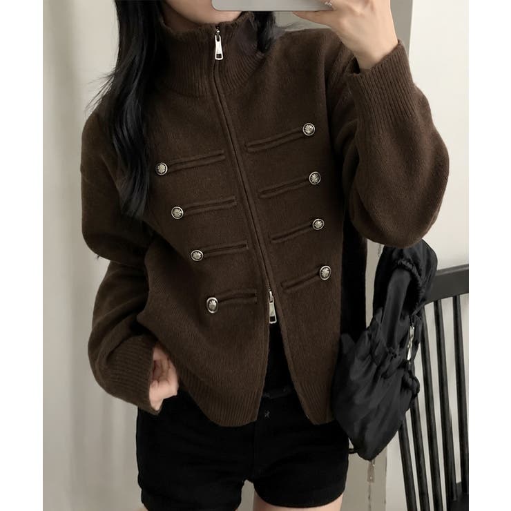 ブラウン | ダブルジップニットカーディガン長袖ニットアウターメタルボタン ゆったり無地トップ… | SUNSHINE CLOSET