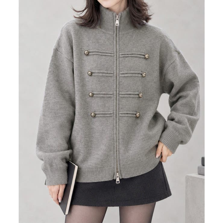 グレー | ダブルジップニットカーディガン長袖ニットアウターメタルボタン ゆったり無地トップ… | SUNSHINE CLOSET