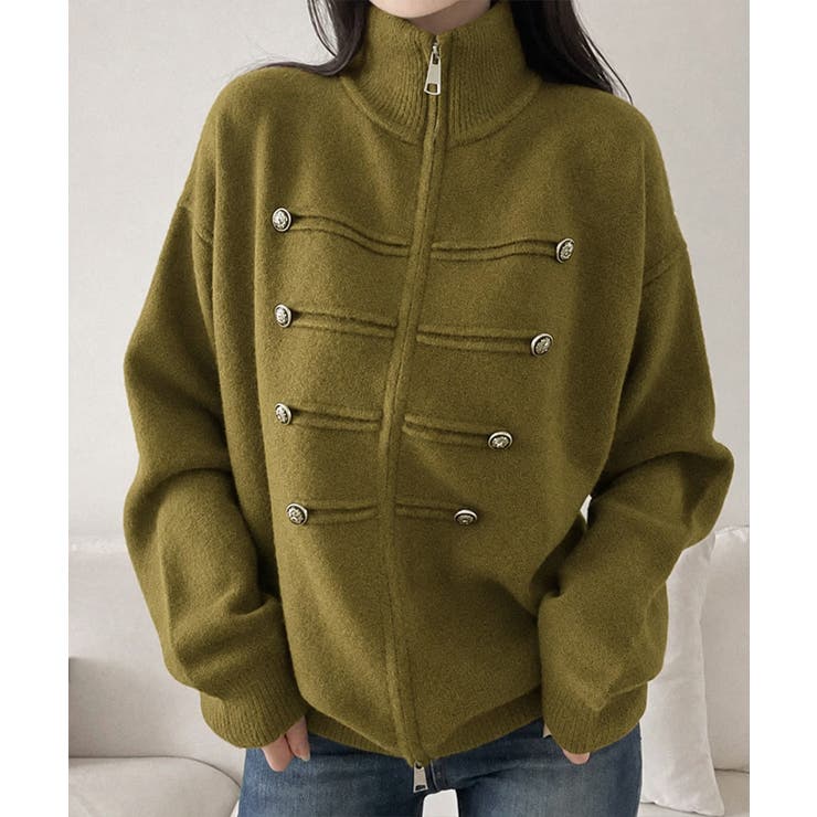 カーキ | ダブルジップニットカーディガン長袖ニットアウターメタルボタン ゆったり無地トップ… | SUNSHINE CLOSET