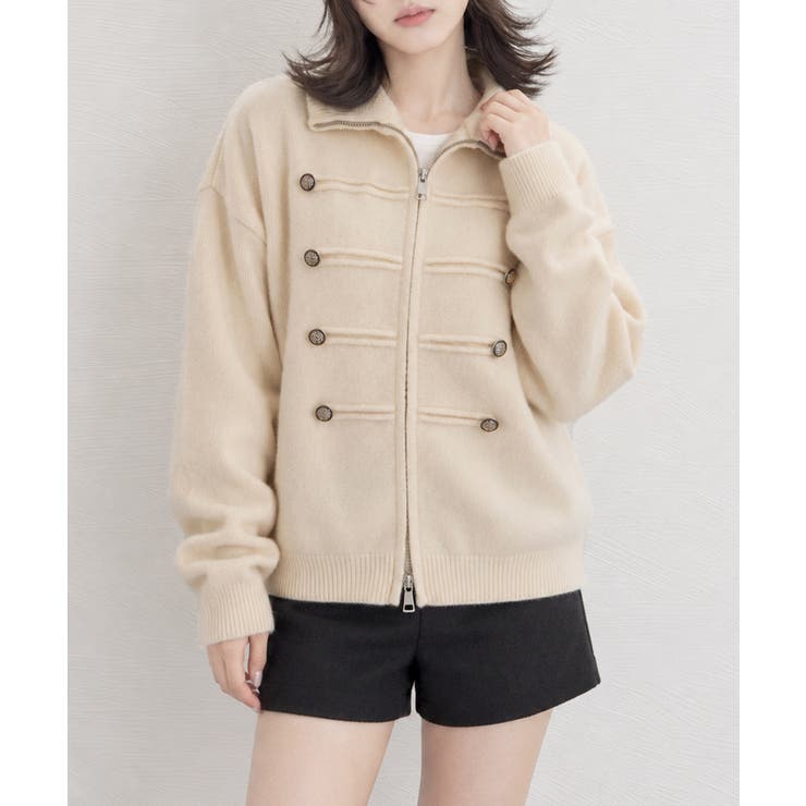 アイボリー | ダブルジップニットカーディガン長袖ニットアウターメタルボタン ゆったり無地トップ… | SUNSHINE CLOSET