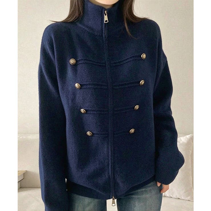 ネイビー | ダブルジップニットカーディガン長袖ニットアウターメタルボタン ゆったり無地トップ… | SUNSHINE CLOSET