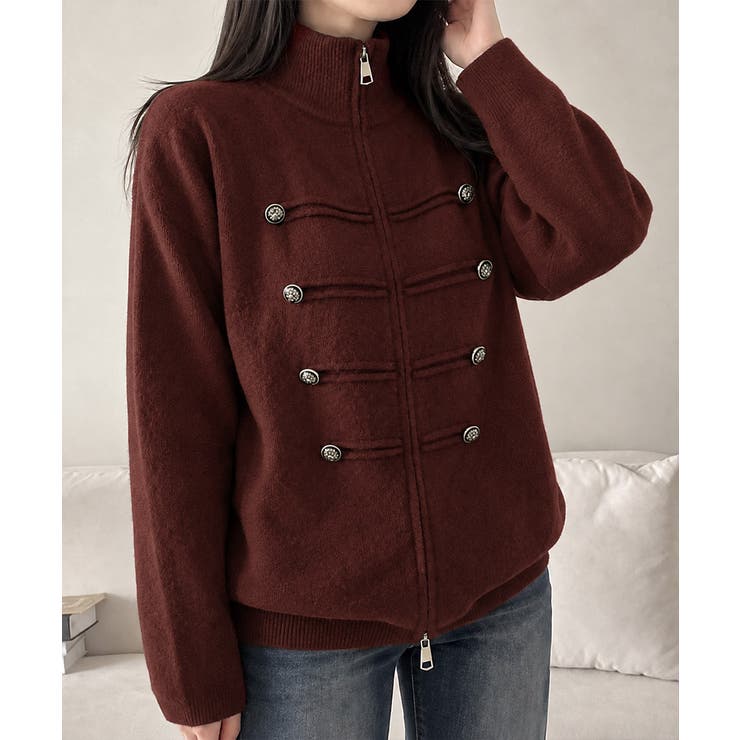ワインレッド | ダブルジップニットカーディガン長袖ニットアウターメタルボタン ゆったり無地トップ… | SUNSHINE CLOSET