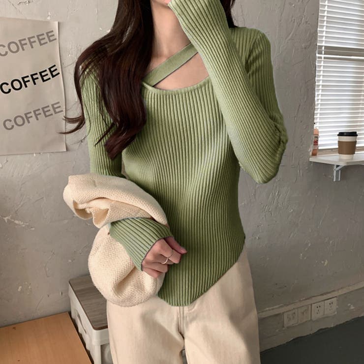 ピーグリーン | 韓国風 リブニット トップス レディース | Miniministore