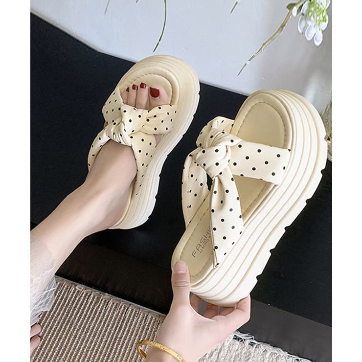 アイボリー | ドット柄リボン厚底サンダルレディース美脚 | Miniministore