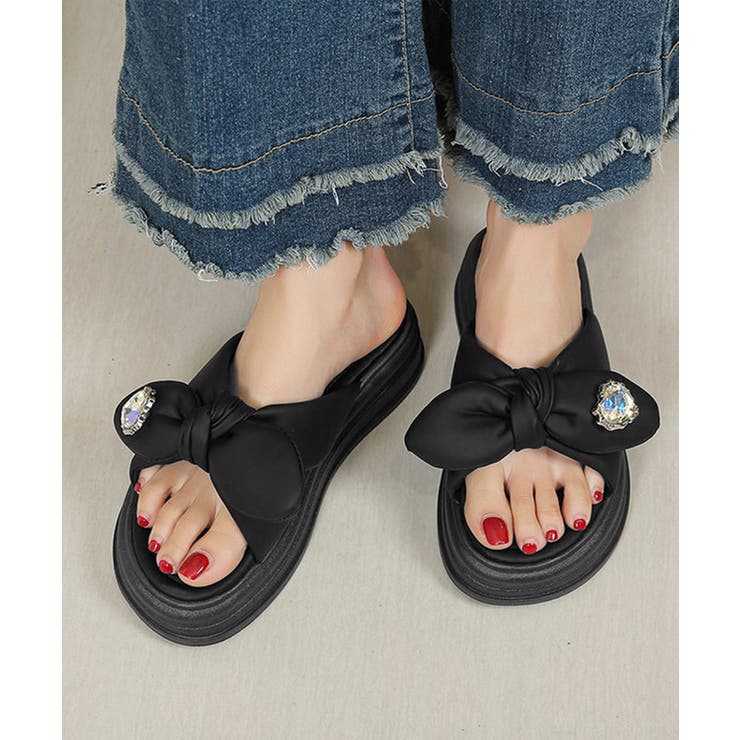 ブラック | リボン厚底サンダル ハート型ビジュー付き | Miniministore