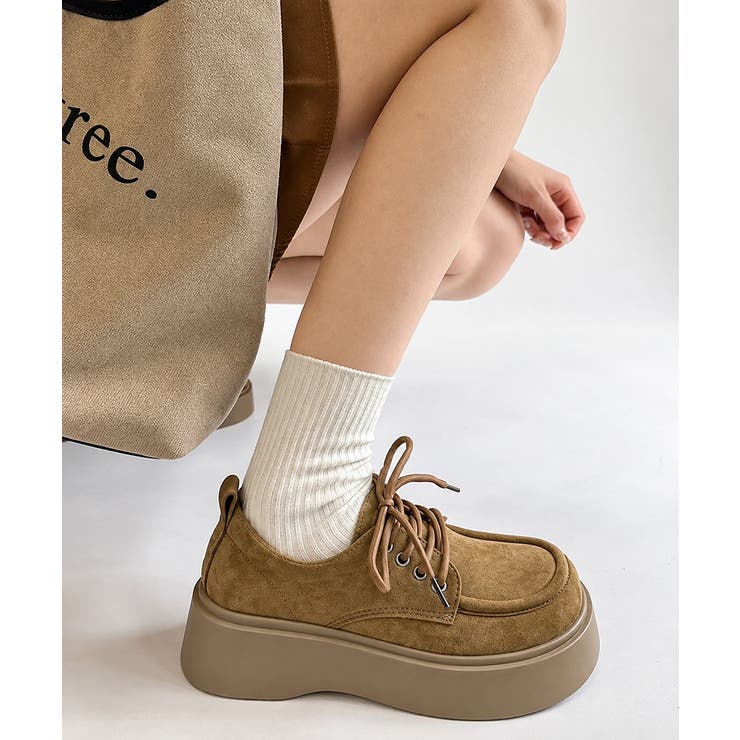 キャメル | 厚底レースアップモカシンシューズ韓国風靴 | Miniministore