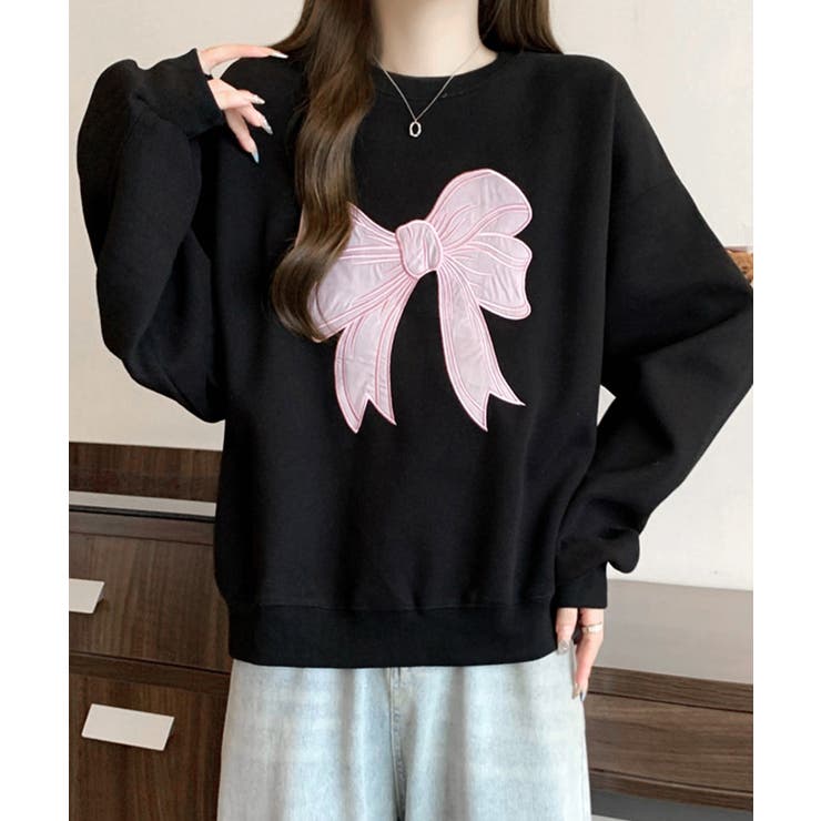 ブラック | 刺しゅうリボンスウェット裏微起毛トップス | Miniministore