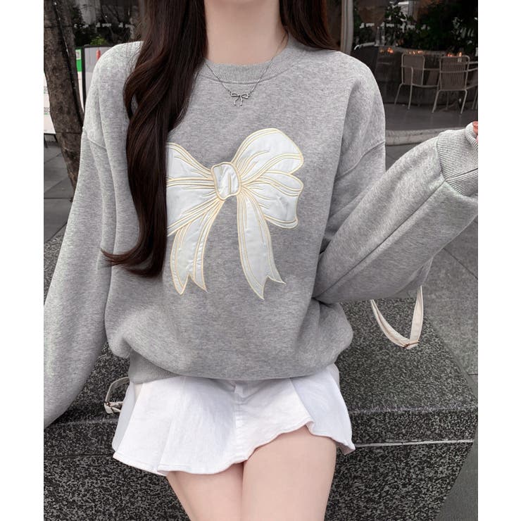 グレー | 刺しゅうリボンスウェット裏微起毛トップス | Miniministore