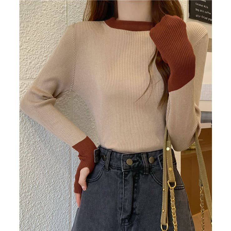 ダークベージュ | バイカラーニット 指穴ニットプルオーバー | Miniministore