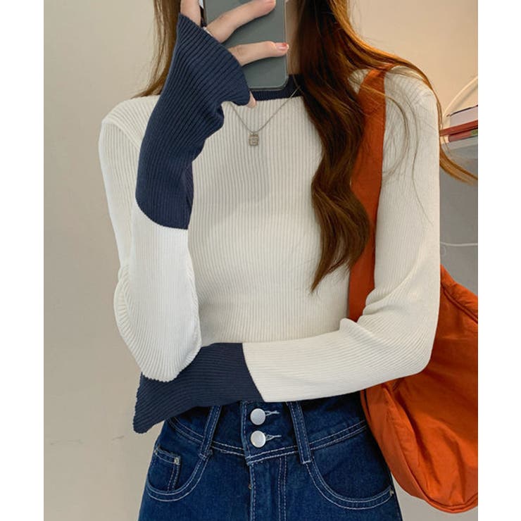 ホワイト | バイカラーニット 指穴ニットプルオーバー | Miniministore