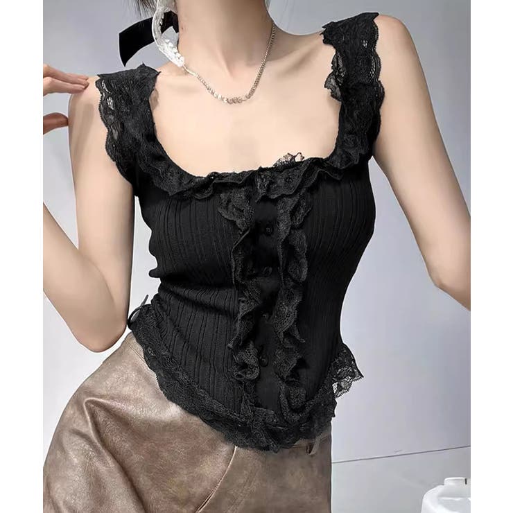 ブラック | レースフリル ニットタンクトップ 韓国風 | Miniministore