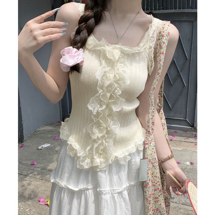 アイボリー | レースフリル ニットタンクトップ 韓国風 | Miniministore