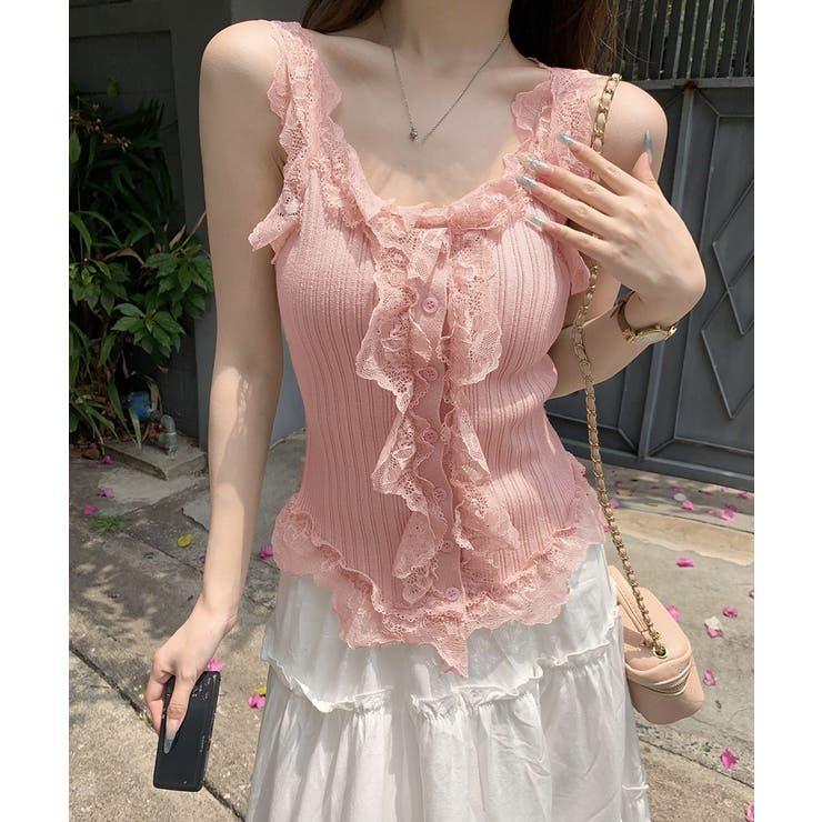 ピンク | レースフリル ニットタンクトップ 韓国風 | Miniministore