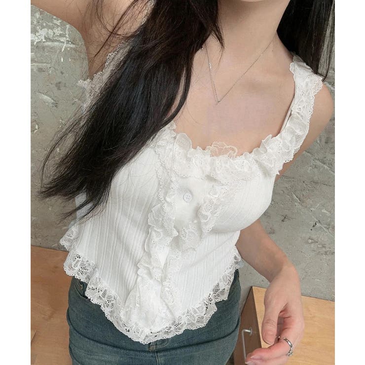 ホワイト | レースフリル ニットタンクトップ 韓国風 | Miniministore