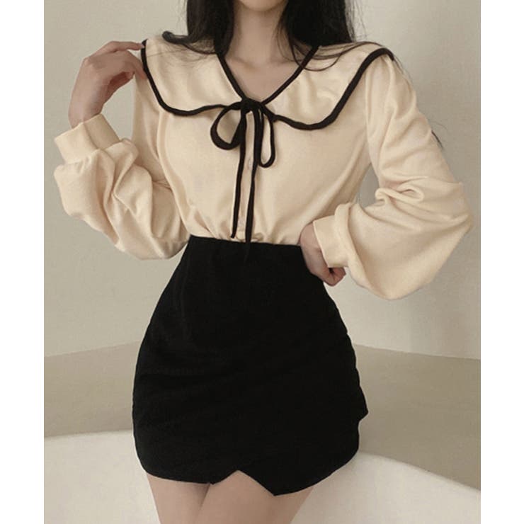 ベージュ | ビッグ襟ブラウス リボンタイブラウス長袖 | Miniministore